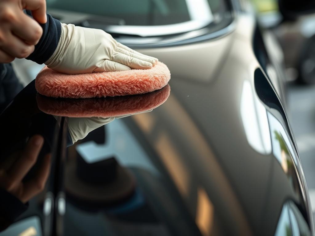 A close-up view of a car being polished by a technician, showcasing the glossy finish of the paint. The image should capture the reflection of the surrounding environment on the car's surface, emphasizing the high-quality detailing work.
