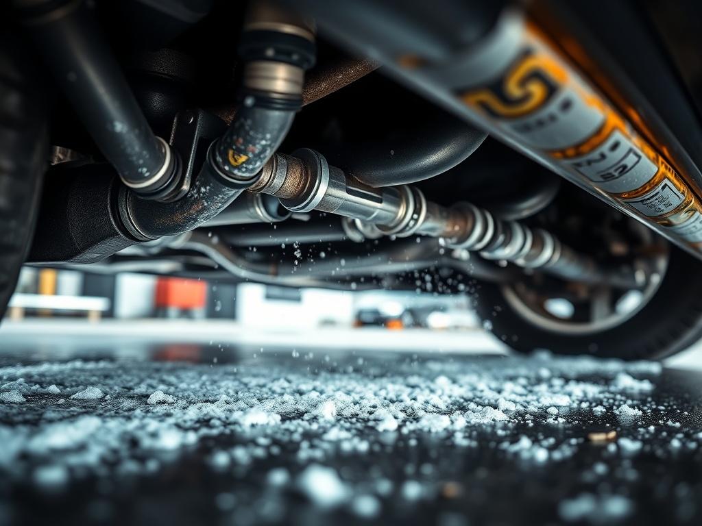 A hyper-realistic close-up shot of a car's undercarriage being cleaned. The focus is on the detailed textures of the metal components and the removal of salt and debris. The background is blurred to emphasize the cleaning process, with bright lighting highlighting the shine of the metal. The image should capture the essence of vehicle maintenance, showcasing the importance of keeping the underbody clean and rust-free.