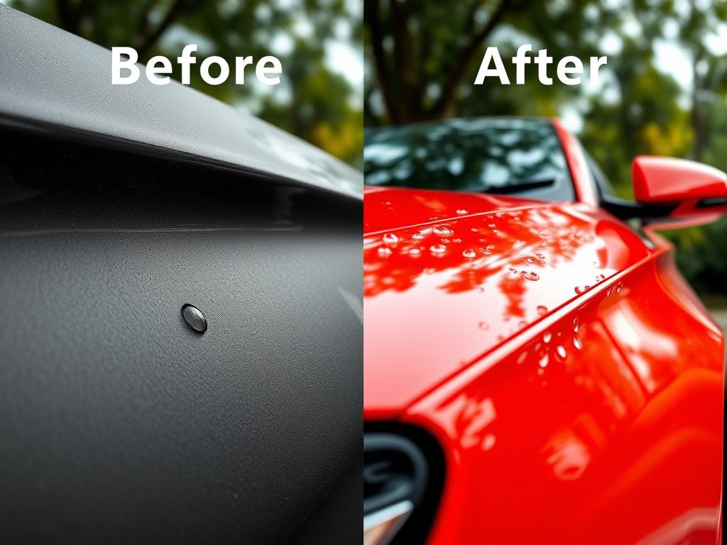 A hyper-realistic close-up shot of a car's exterior before and after detailing. The 'before' side displays dull paint, water spots, and minor scratches, while the 'after' side showcases a glossy finish, vibrant color, and reflective surfaces. The lighting captures the shine and clarity of the paint, with water droplets accentuating the fresh clean. Background features an outdoor setting with trees, enhancing the appeal of the transformed vehicle.