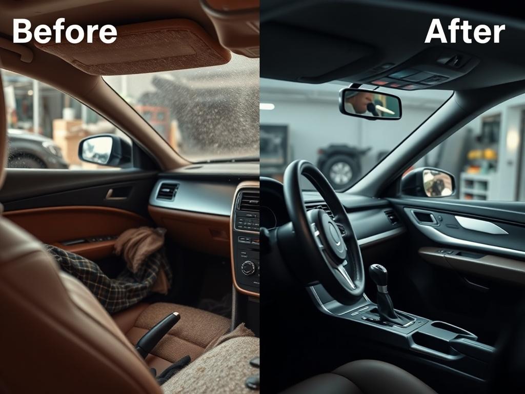 A hyper-realistic close-up shot of a car interior before and after detailing. The 'before' side shows dusty surfaces, stained seats, and clutter, while the 'after' side showcases a spotless, shiny dashboard, clean upholstery, and organized space. The lighting highlights the contrast, emphasizing the deep clean, with a focus on details like the steering wheel and gear shift. Background is a subtle, blurred garage setting, creating an inviting atmosphere.