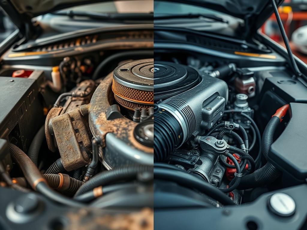 A hyper-realistic close-up shot of a car engine bay before and after detailing. The 'before' side shows a dirty, greasy engine with dust and grime, while the 'after' side presents a sparkling, well-maintained engine, highlighting the difference in cleanliness. The composition focuses on the engine parts, showcasing details like hoses and wires. Background is a subtle, blurred garage environment to emphasize the engine clean.