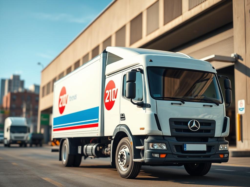 A close up shot of a delivery truck parked in