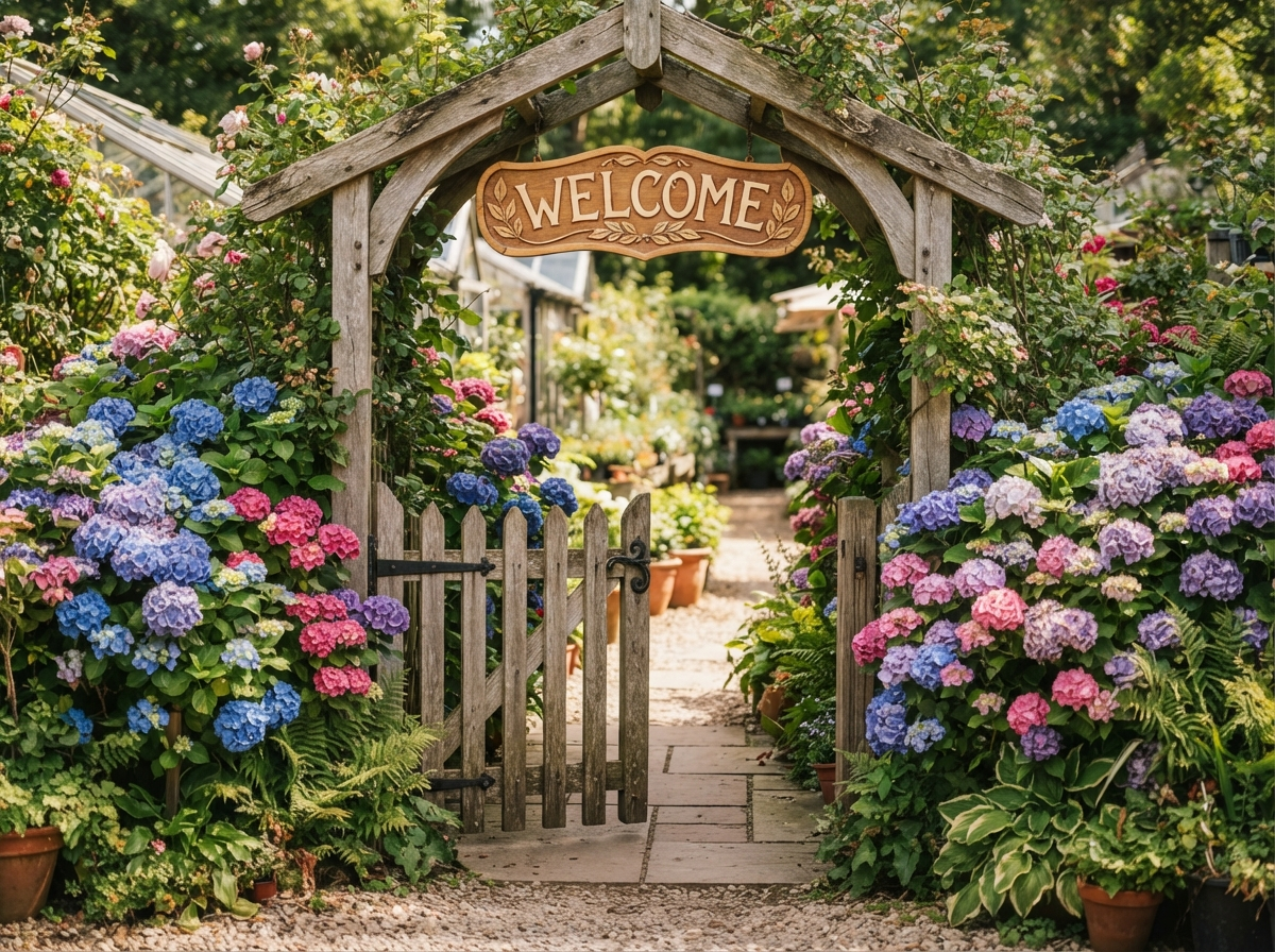 Nursery entrance with blooming hydrangeas