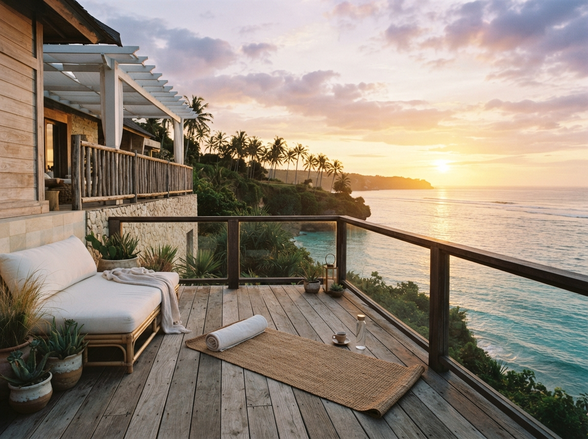 Eco-luxury villa terrace overlooking a turquoise ocean at sunset