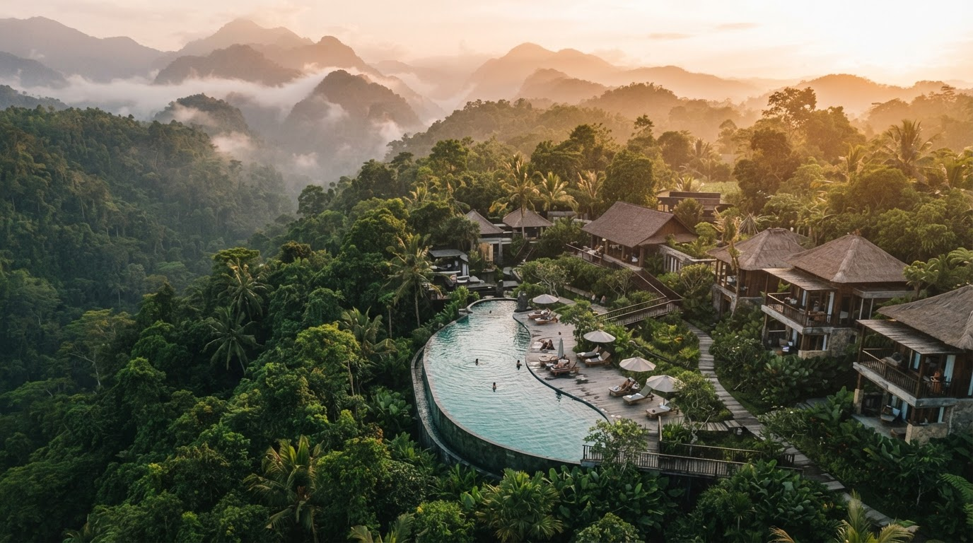 Infinity pool at a luxury eco-wellness retreat surrounded by tropical forest and misty mountains