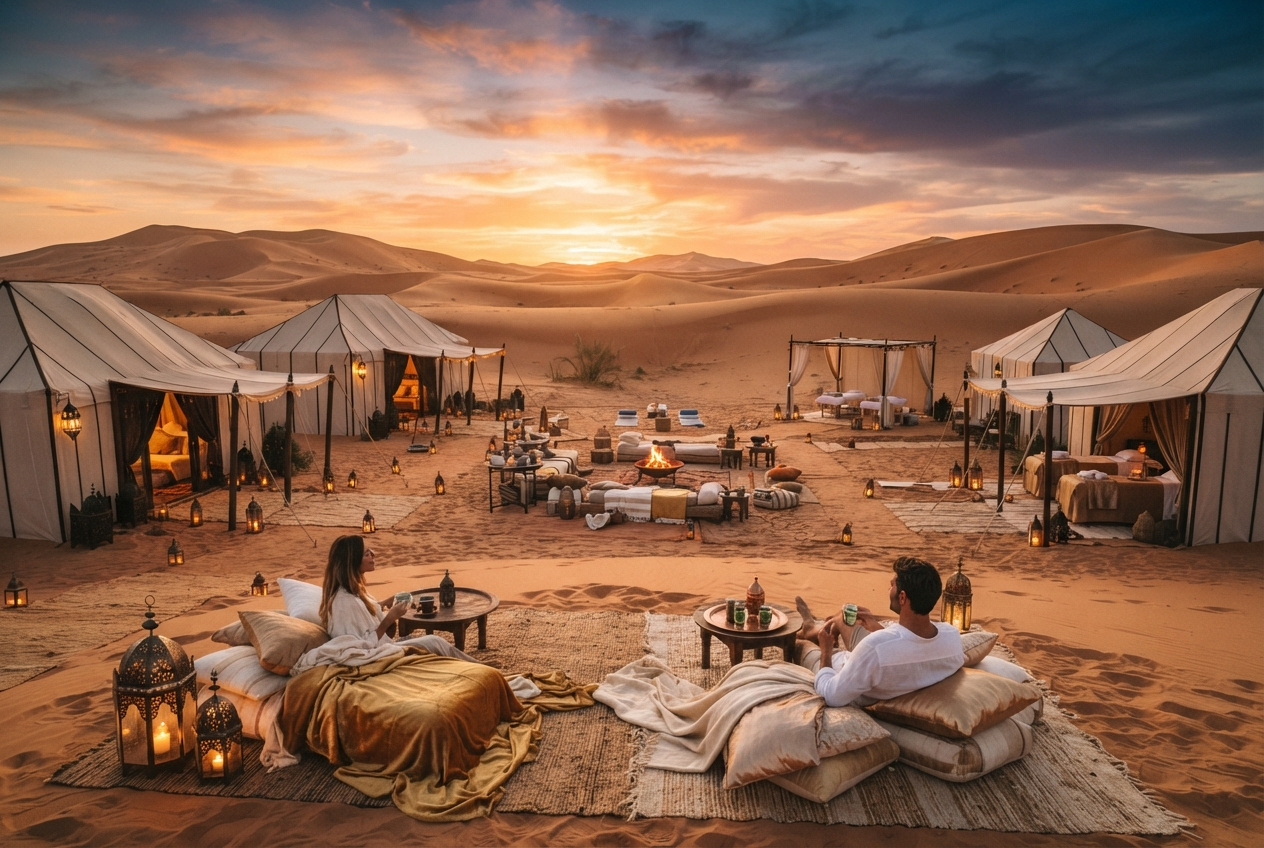 Luxury tented camp in golden desert dunes at sunset