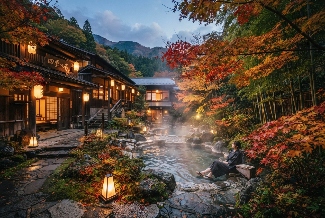 Traditional wooden ryokan with steaming hot spring baths and autumn maples