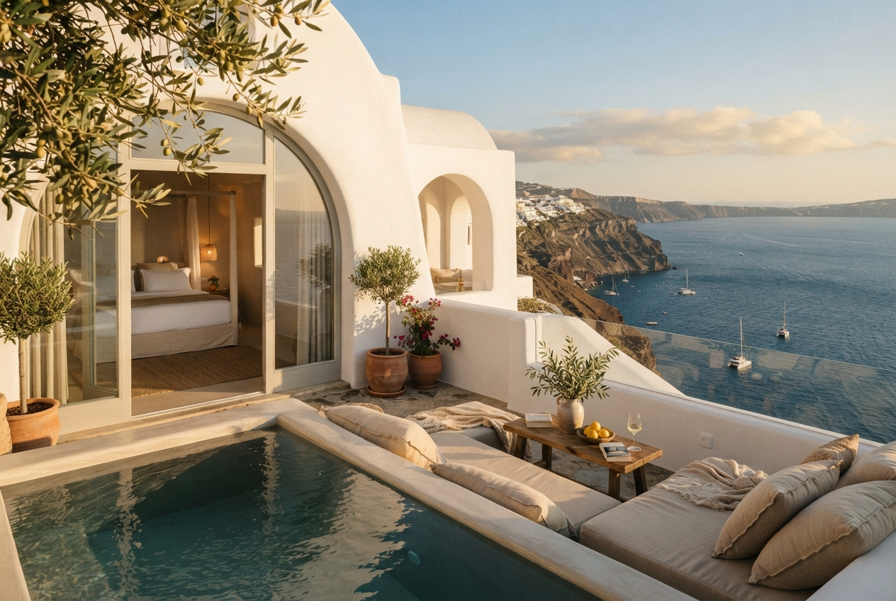 Whitewashed eco-luxury suite overlooking the deep blue Aegean sea