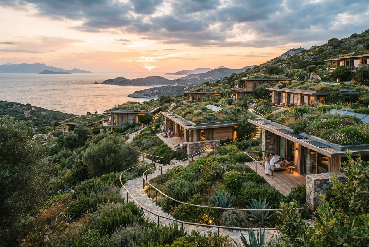 Sustainable resort architecture with a living green roof blending into a hillside