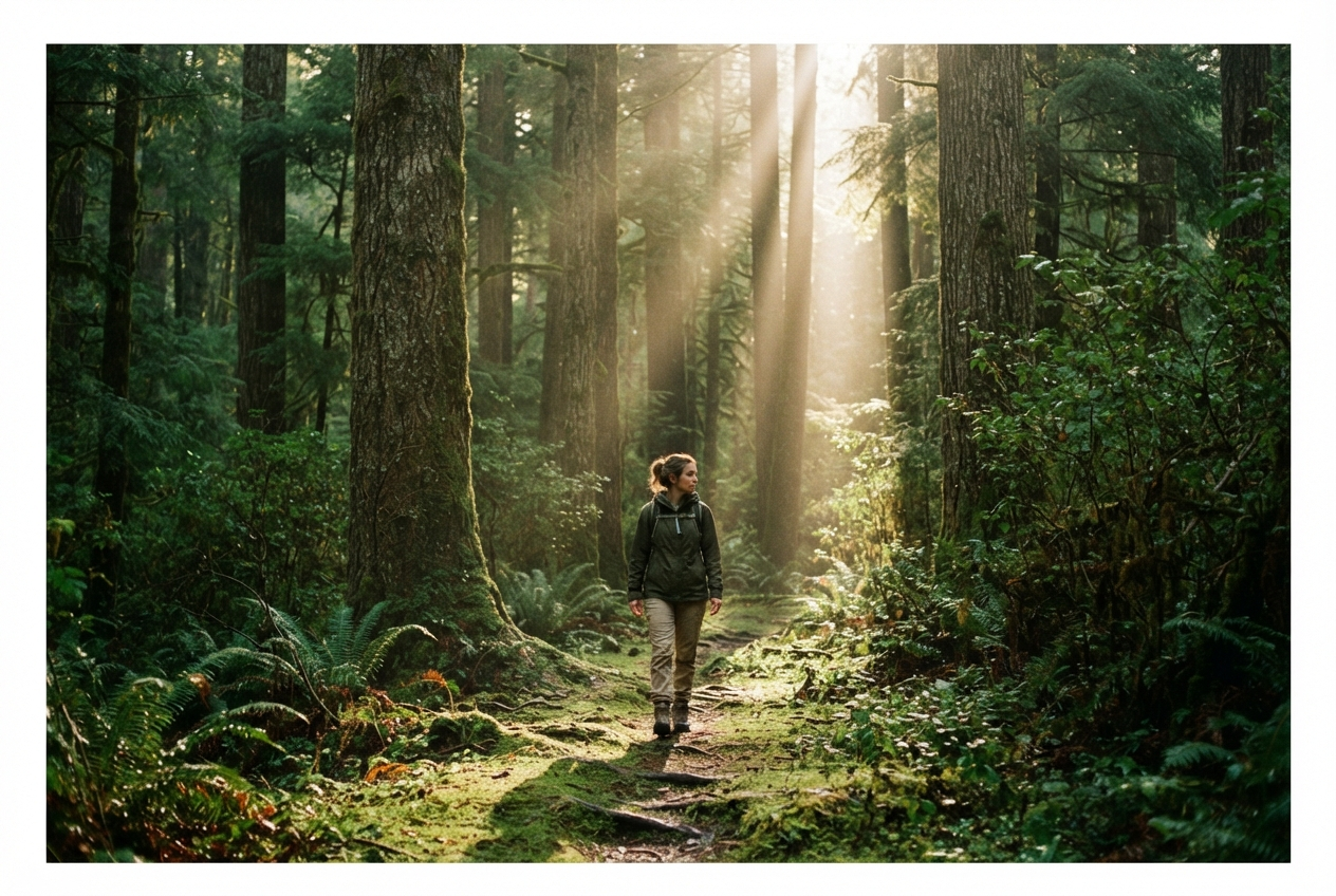 Sunlight streaming through ancient trees onto a mossy forest path