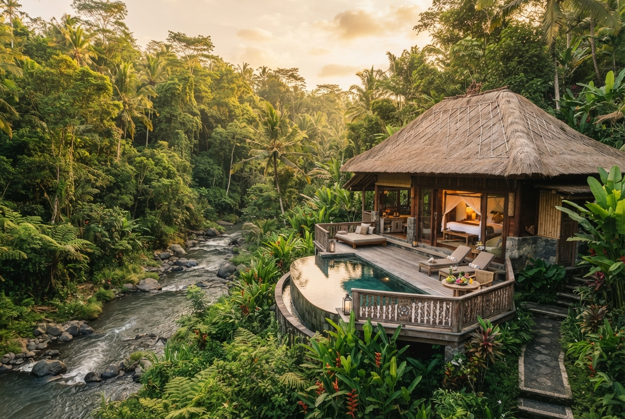 Private thatched-roof villa beside a river in a dense Balinese jungle
