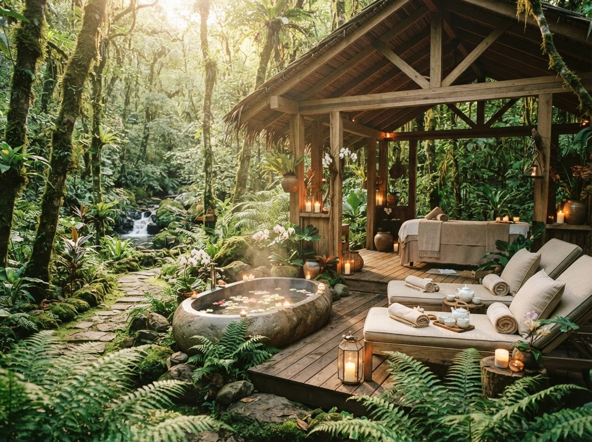 Open-air wooden spa pavilion deep in a lush rainforest