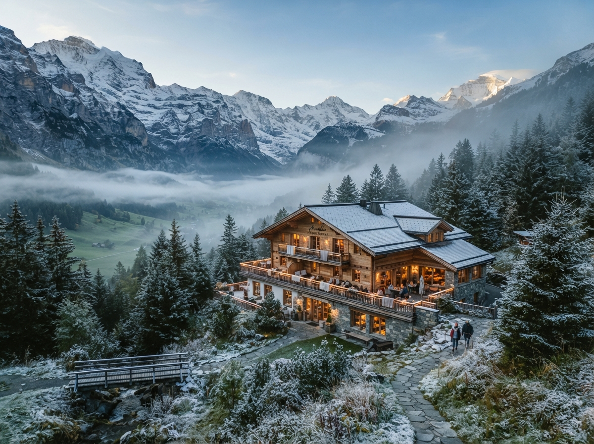 Alpine retreat lodge among snow-capped peaks at dawn