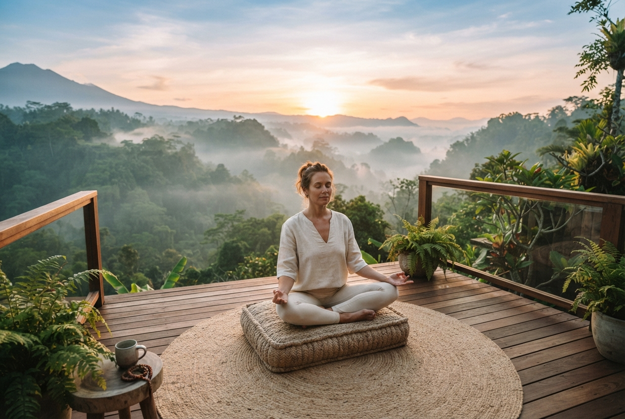 A person meditating on a wooden deck at sunrise overlooking a misty green valley