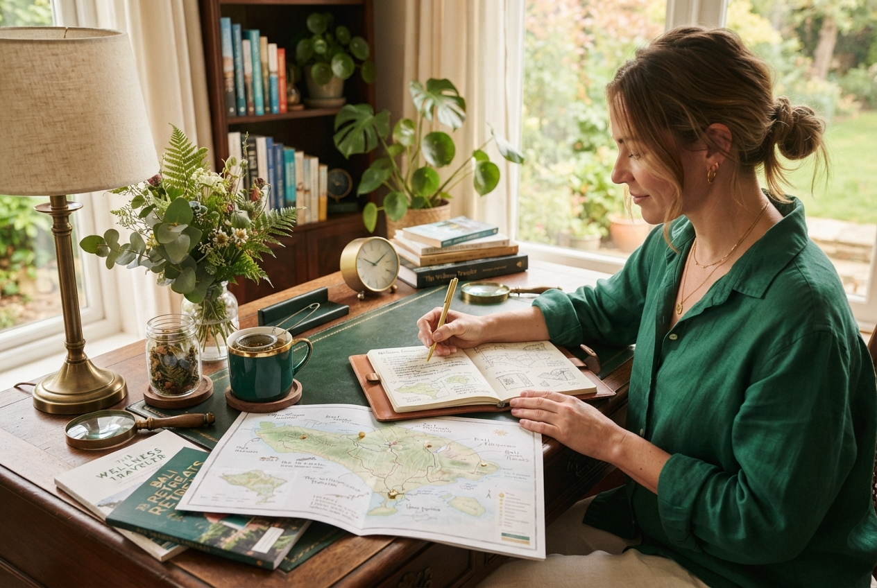 A travel curator planning a wellness itinerary with maps, herbal tea and botanicals