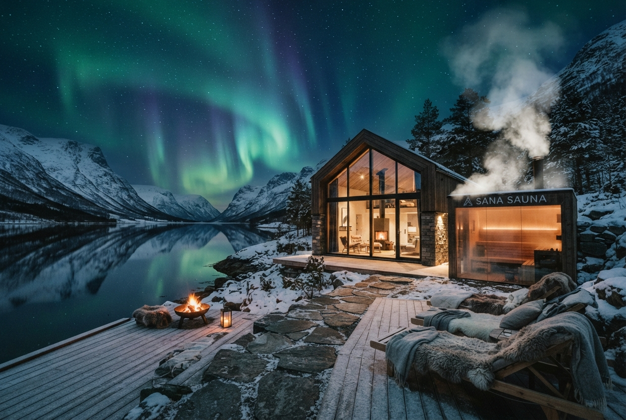 Glass and timber lodge beside a still fjord with sauna steam rising