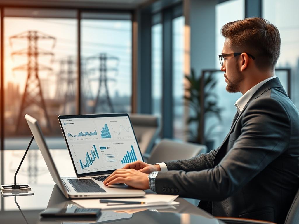 A professional procurement advisor sitting at a modern desk, analyzing