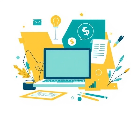 Digital Income Lab illustration showing learning, laptops, money, and creativity