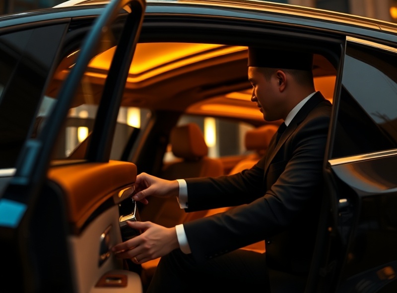 Professional chauffeur opening luxury car door
