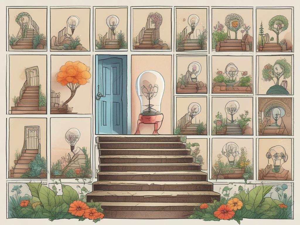 1. Growth
2. Potential
3. Transformation
4. Mindfulness
5. Inspiration
6. Journey
7. Self-improvement
8. Empowerment
9. Climbing stairs
10. Open doors
11. Lightbulb moments
12. Blossoming flowers
13. Positive mindset
14. Goals
15. Success path