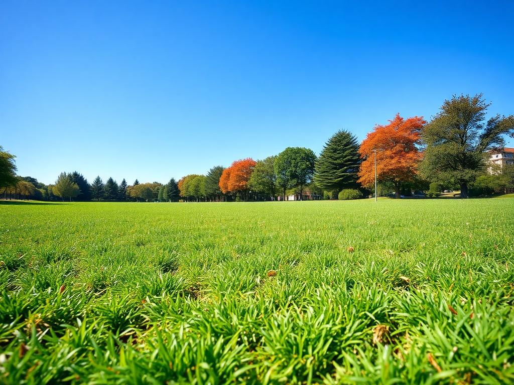 A hyper-realistic close-up shot of a freshly cleared green space with neatly trimmed grass and trees along the edges, showcasing a peaceful park atmosphere, bright blue sky above, and vibrant colors of nature.