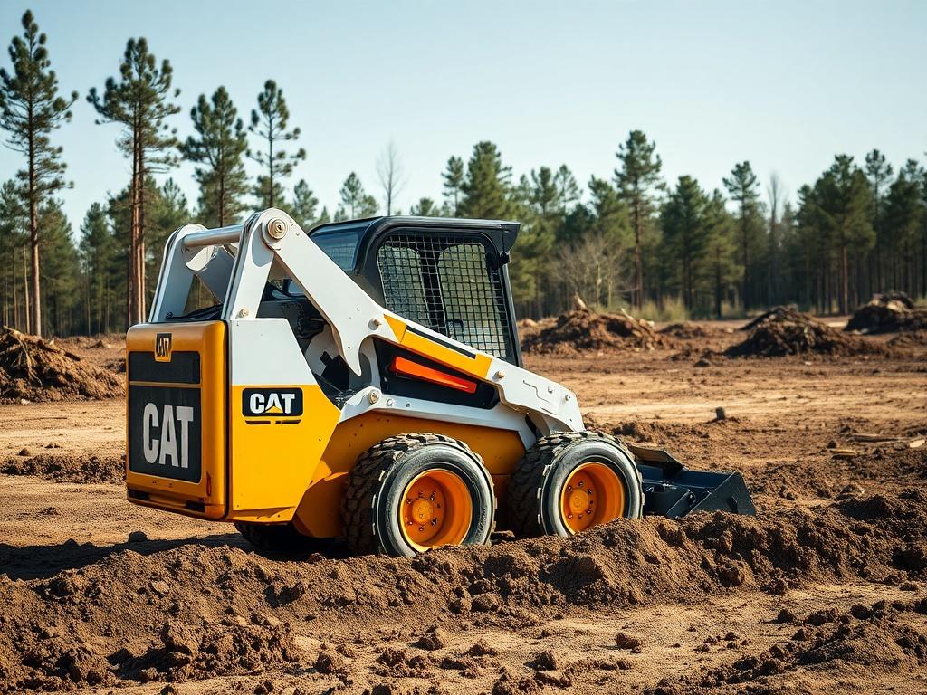 A high-resolution, hyper-realistic image of a skid steer loader in action, clearing land. The machine should be prominently featured in the foreground, showcasing its powerful capabilities. The background should depict a recently cleared area with trees and debris removed, emphasizing the transformation. The composition should be simple and clear, focusing solely on the skid steer, captured with a 45mm f/1.2 lens to create a shallow depth of field, enhancing the subject's details.