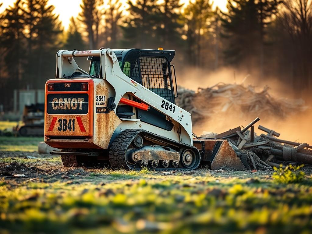 A high-resolution image of a skid steer loader actively clearing land. The skid steer should be positioned in the foreground, showcasing its powerful capabilities. In the background, trees and debris are being removed, illustrating the equipment's effectiveness in land clearing. The focus should be on the machinery's details, including its tracks and powerful arm, with a blurred backdrop of the ongoing work. The sun should cast a warm glow, enhancing the professionalism of the scene.