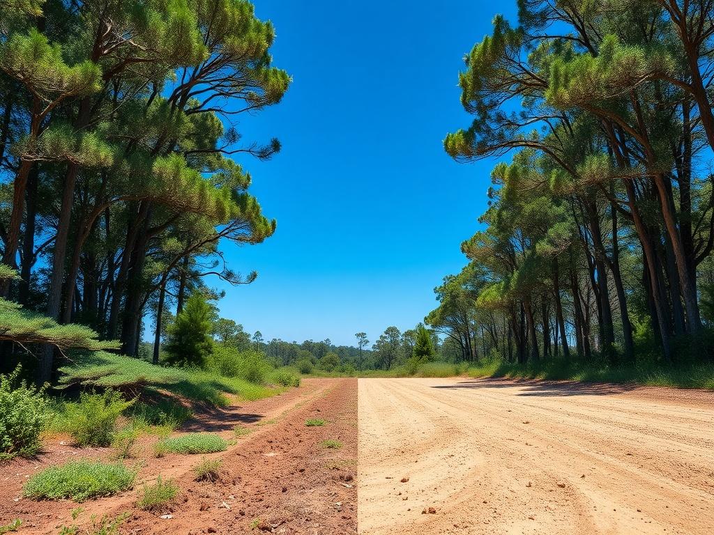 A striking before-and-after image showcasing a large plot of land that has undergone land clearing. The left side displays a dense, overgrown area filled with trees and shrubs, while the right side reveals the same land cleared and prepared for development. The image should be shot to highlight the stark contrast between the two stages, with a clear blue sky in the background and a focus on the cleared land's smooth, even surface. Use vibrant colors to emphasize the transformation.