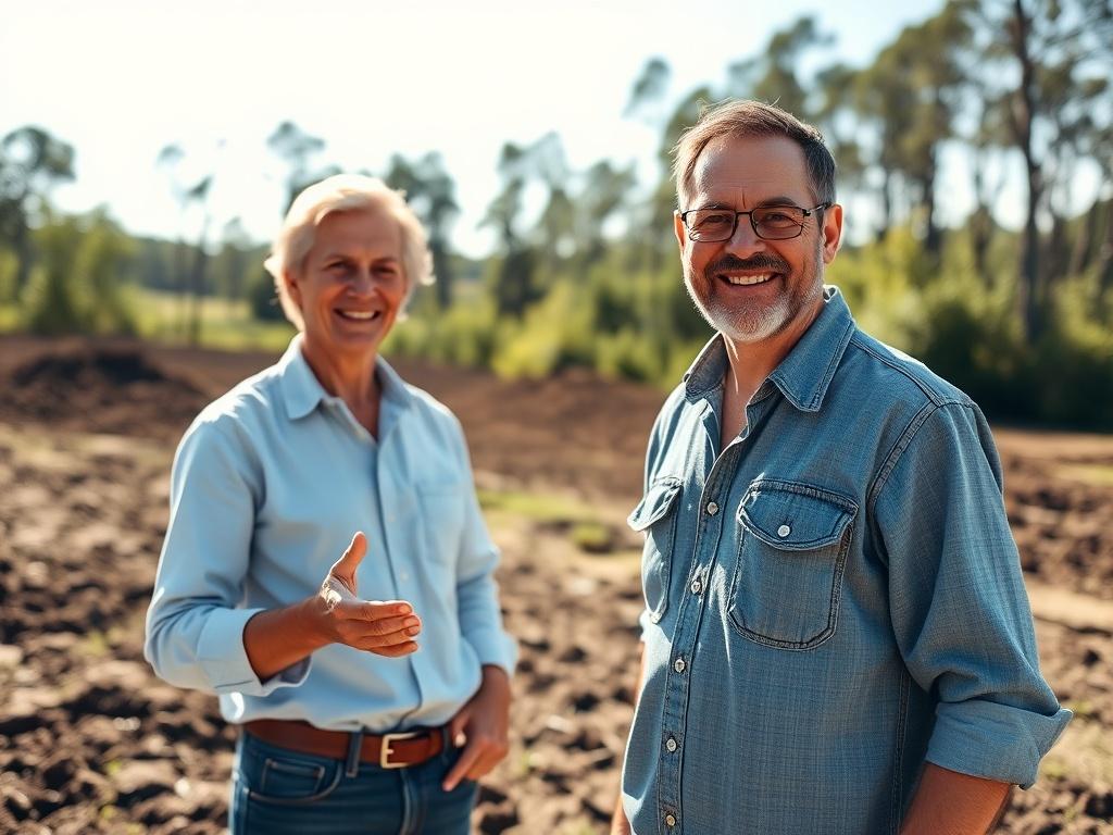 A dynamic image featuring a satisfied client standing proudly next to their newly cleared land. The client should be smiling and gesturing towards the expansive area, which is now ready for construction. The background should show the lush landscape that has been transformed into a clean, open space. The lighting should be bright and inviting, capturing the essence of a successful project. Focus on the client's expression of happiness and confidence in New Look 22 LLC's work.