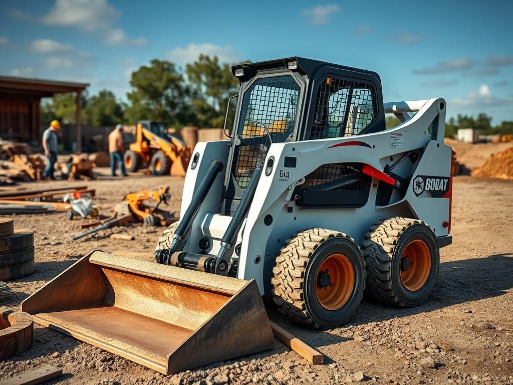 A close-up shot of a modern skid steer parked on a construction site, surrounded by tools and materials. The focus is on the skid steer's robust design and features, showcasing its capabilities. In the background, you can see an active worksite with workers preparing the area, emphasizing the equipment's role in construction and land clearing.