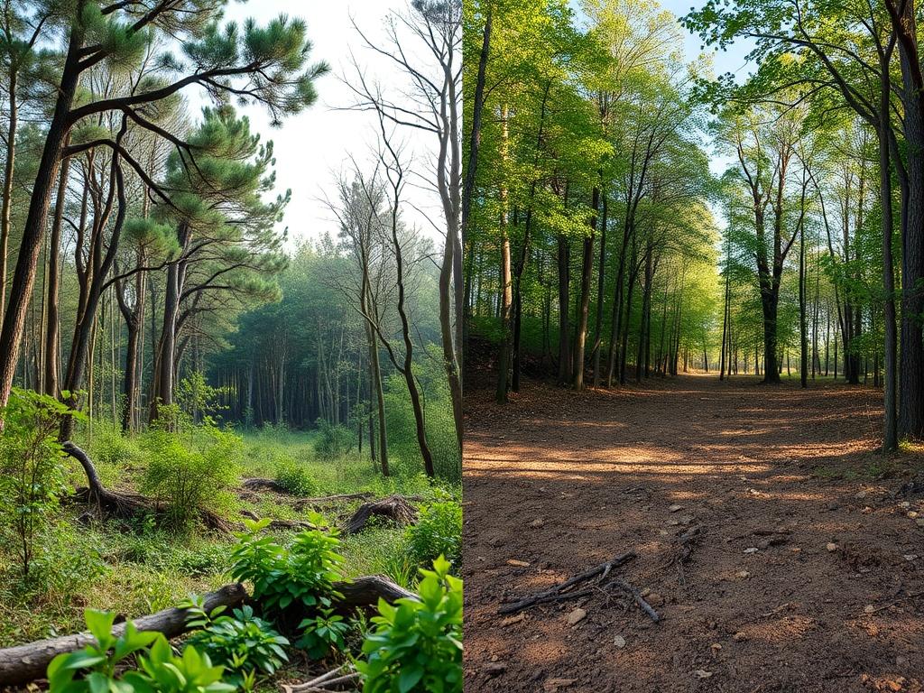 A split-image showcasing a land clearing project before and after completion. The left side displays a dense, overgrown area filled with trees and brush, while the right side shows a cleared, open space ready for development. The images should be vibrant and high-resolution, emphasizing the dramatic transformation and the effectiveness of the land clearing process.