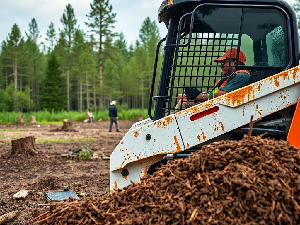 A close-up shot of a professional land clearing crew operating heavy machinery, such as a skid steer, in a green, wooded area. The focus is on the operator, showcasing their concentration and skill. The background features cleared land with visible stumps and debris, emphasizing the transformation. The image captures the essence of land clearing work, highlighting the equipment in action.