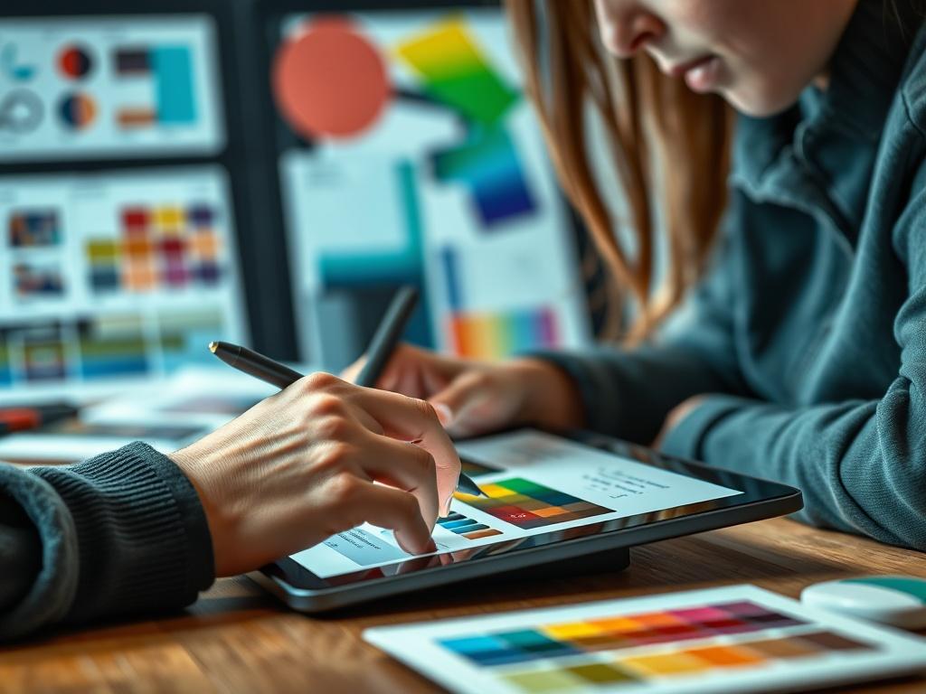 A close-up shot of a designer working on a digital design on a tablet, with color palettes and design samples in the background.