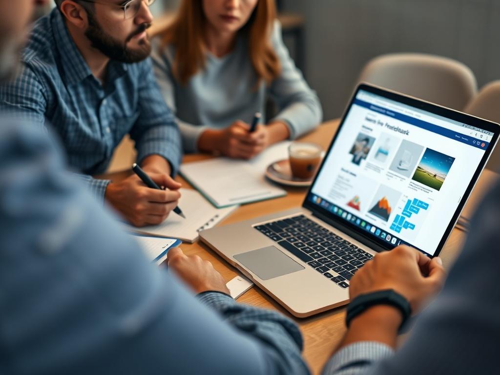 A close-up shot of a team meeting where members are discussing website feedback, with notes and a laptop open showing the updated design.