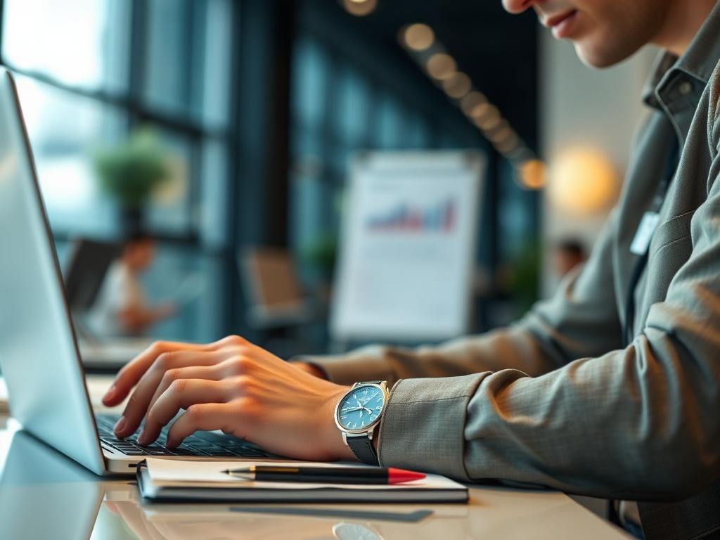 A close-up shot of a professional reviewing content on a laptop, with a notepad and pen on the side. The background shows a modern office setting.