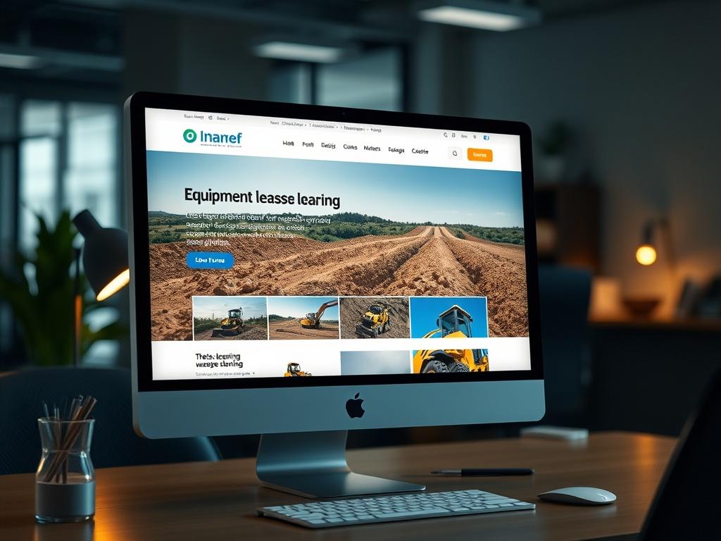 A hyper-realistic close-up shot of a modern website interface displaying land clearing and equipment leasing services. The focus is on a sleek design with visually appealing images and videos. The background is blurred with a professional office setup visible, featuring a computer screen glowing softly in a dimly lit environment.