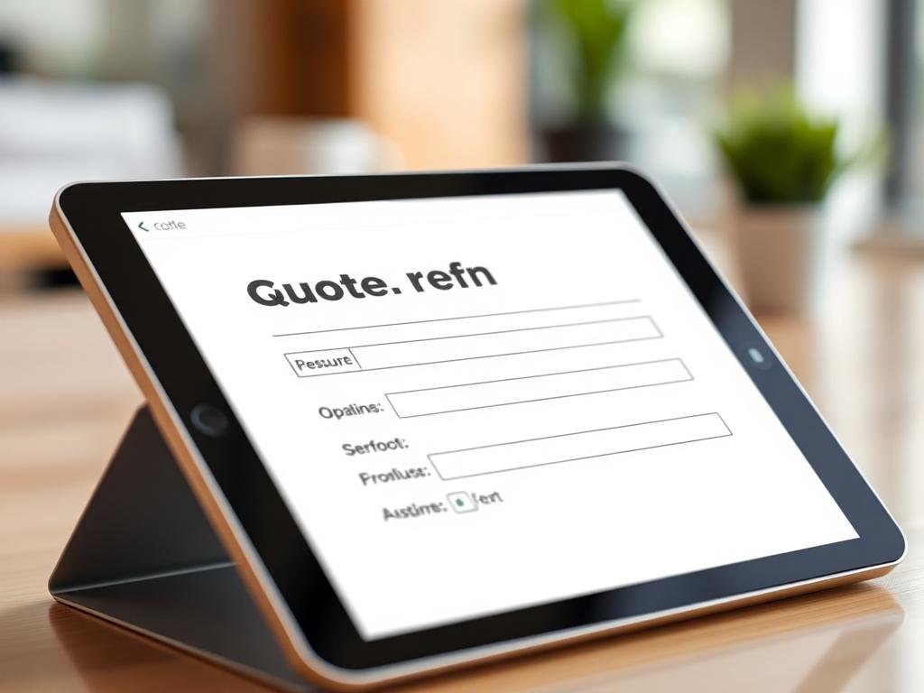 A hyper-realistic close-up shot of a digital quote request form displayed on a tablet. The form is user-friendly and visually appealing, with a bright and professional interface. The background shows a clean and modern workspace, emphasizing the ease of use.