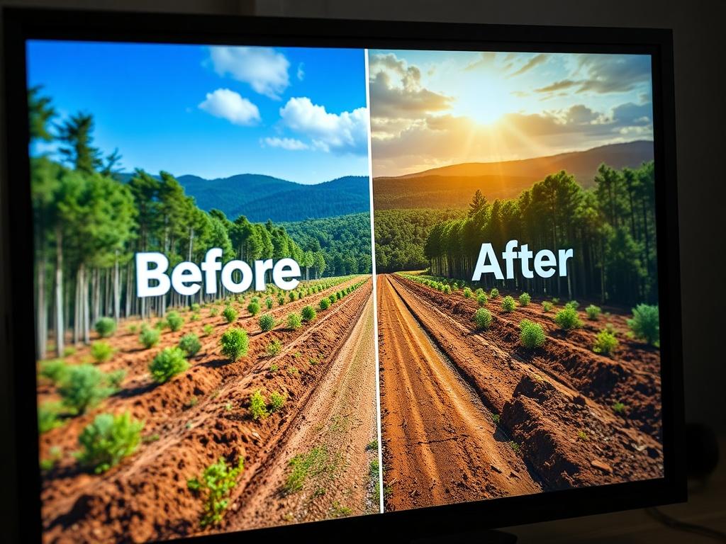A hyper-realistic close-up shot of before-and-after images displayed on a digital screen, illustrating land clearing work. The images are vibrant and clear, with a backdrop of natural landscapes being cleared. The lighting highlights the contrast between the two images, creating an impressive visual impact.