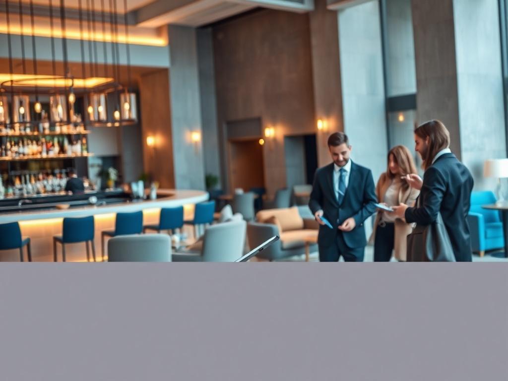 A high-resolution image featuring an elegant hotel lobby with a modern design, showcasing a sleek bar and a cozy seating area. The scene is filled with warm and inviting lighting, highlighting the luxurious atmosphere. In the foreground, a professional-looking individual is engaged in a discussion with a small group, using a tablet to illustrate creative strategies. The background features soft gray walls and rich blue accents, creating a sophisticated ambiance that reflects the hospitality industry.