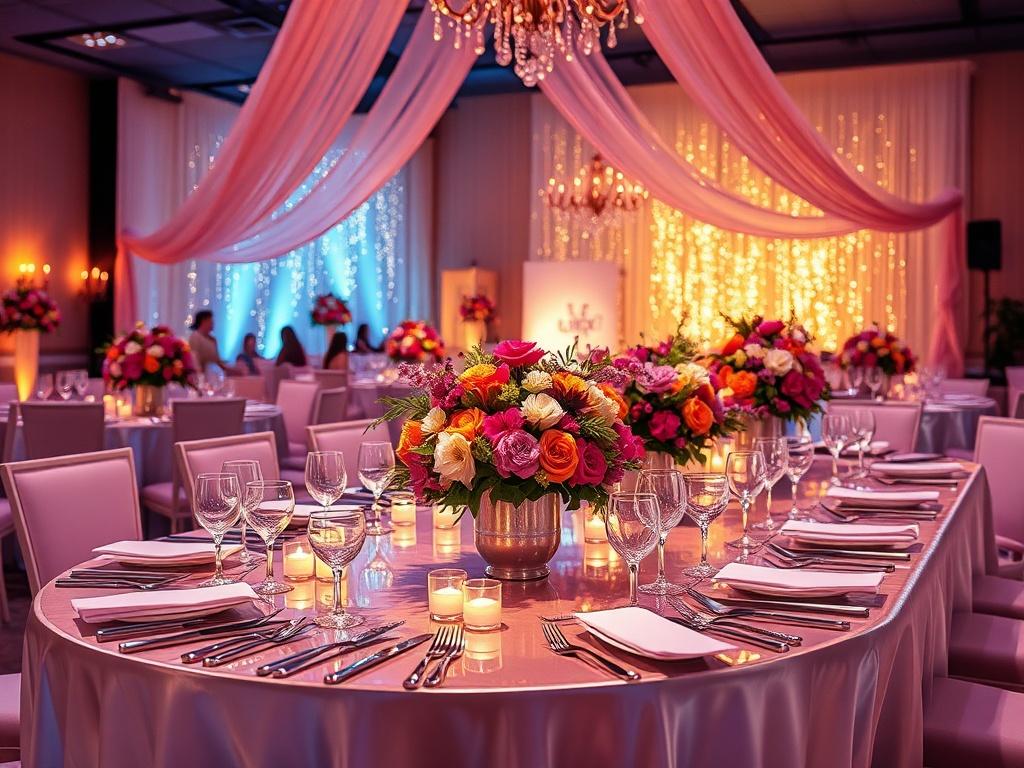 A stunningly beautiful event space decorated for a lively gathering. The image should showcase an elegantly arranged banquet table with vibrant floral centerpieces, luxurious tableware, and ambient lighting that creates a warm and inviting atmosphere. The background should feature tasteful decorations, such as draped fabrics and soft glowing lights, enhancing the overall beauty of the event. The composition should focus on the table setting, capturing the essence of celebration and sophistication.
