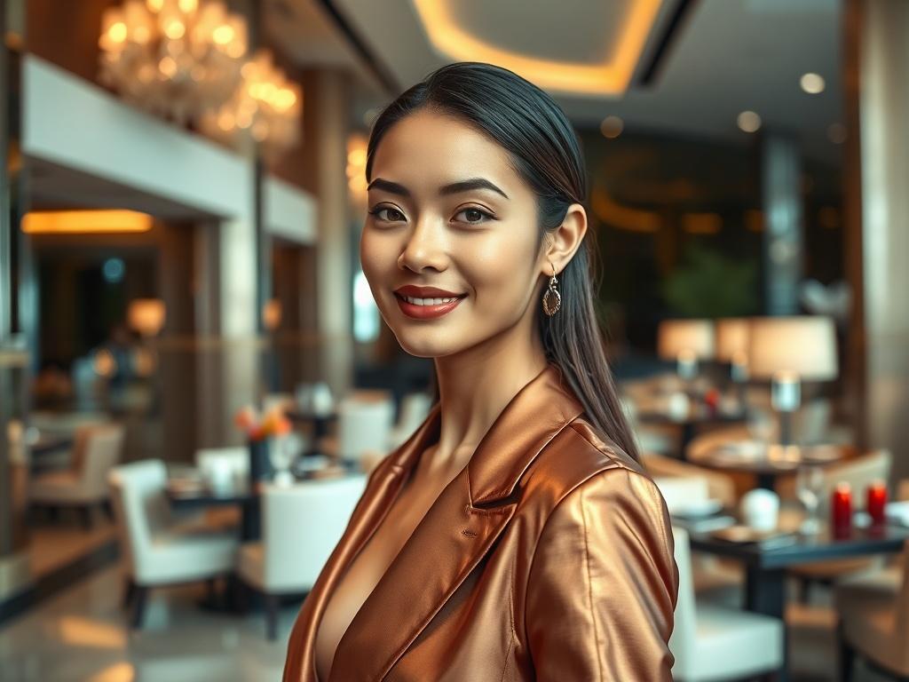 Create a realistic high-resolution photo that embodies the concept of "Glamor Hospitality Group Partnering of Beautiful People." The composition should be simple and clear, focusing on a single subject: a strikingly attractive person, elegantly dressed in upscale, sophisticated attire, representing the essence of luxury and glamour.

The subject should be positioned in the foreground of the image, showcasing a confident and inviting demeanor. Their facial expression should convey warmth and approachability,