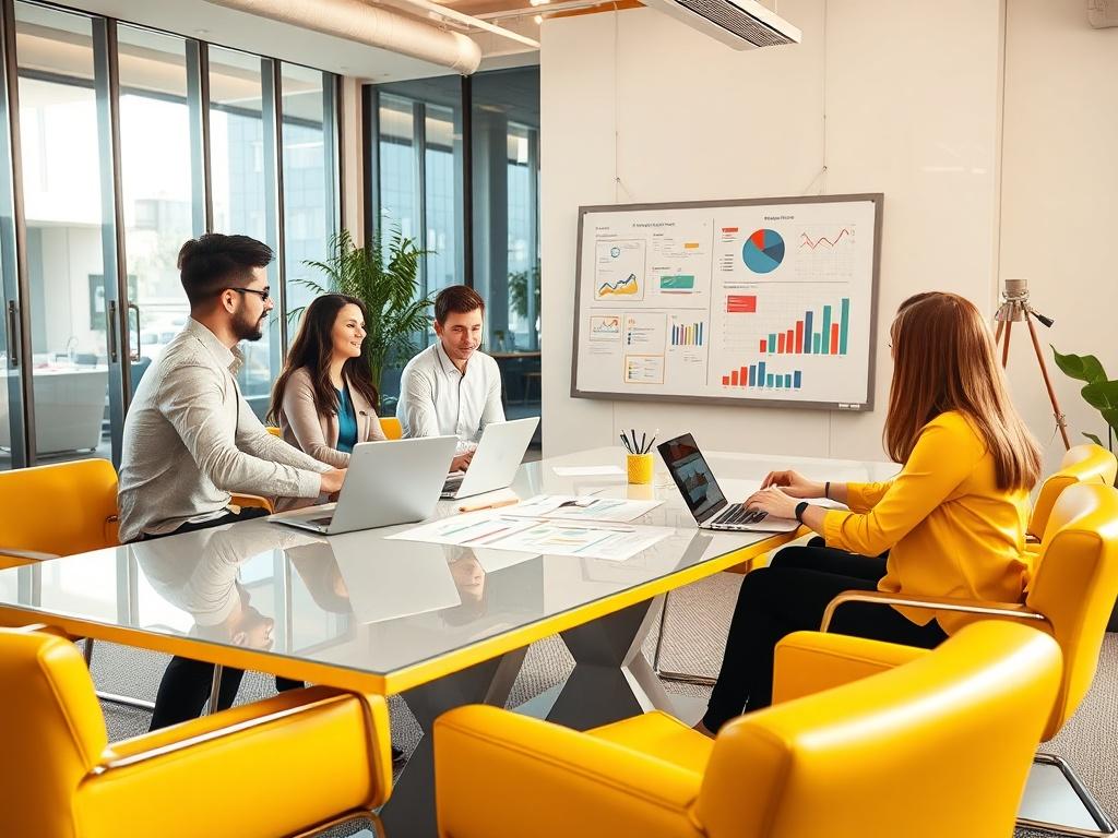 A high-resolution photo of a dynamic team meeting in a modern office space, showcasing a diverse group of professionals actively engaging in a strategic planning session. The room is filled with natural light, sleek furniture, and contemporary decor. A large whiteboard displays colorful graphs and notes, while laptops are open on the table. The atmosphere is energetic and collaborative, reflecting innovation and teamwork. The color scheme complements a vibrant yellow (#CFB07C), emphasizing a positive and fo
