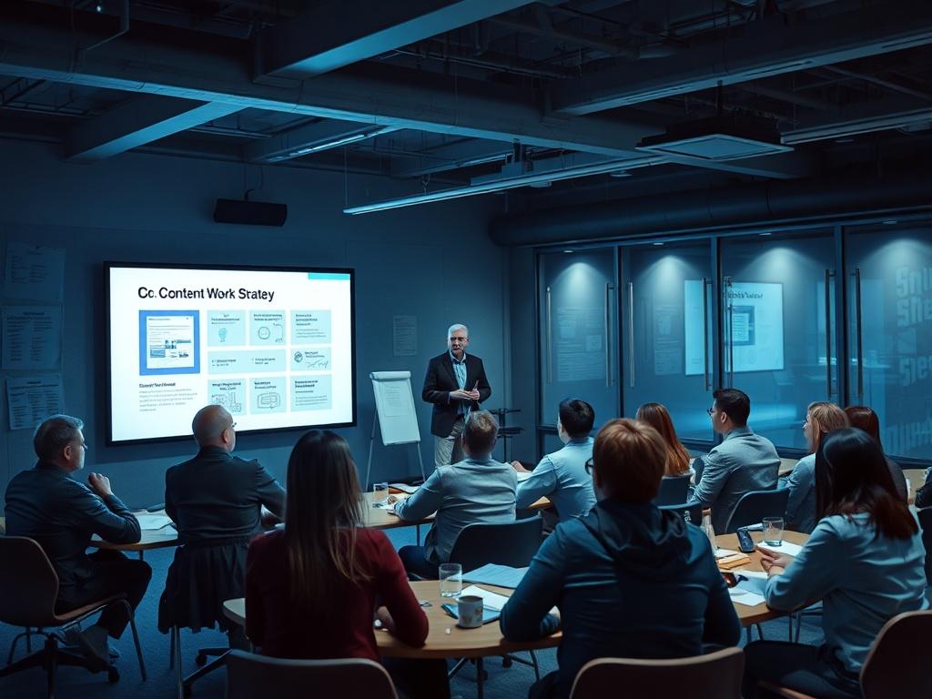 A high-resolution image of a content creation workshop, featuring a diverse group of professionals brainstorming ideas. The environment is infused with cool tones, emphasizing rich blues and soft grays. A presenter is showcasing a digital content strategy on a screen, while participants are collaborating at tables, surrounded by notes and creative materials, fostering an atmosphere of innovation.