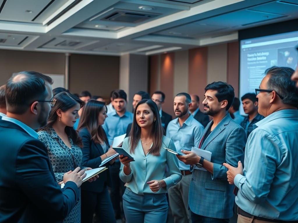 A high-resolution image of a modern workshop setting with hospitality professionals engaged in discussions. The room is filled with cool-toned decor, showcasing rich blues and soft grays. In the foreground, a diverse group of attendees is actively participating, taking notes and exchanging ideas, with a presentation screen in the background. The atmosphere reflects a professional yet inviting environment.