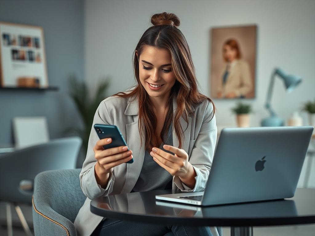 A high-resolution photo of a confident young woman sitting at a stylish workspace, engaging with her smartphone. She is reviewing content from influencers in a modern, cool-toned environment filled with shades of rich blues and soft grays. The background features a sleek laptop and creative design elements that emphasize a professional yet trendy atmosphere.