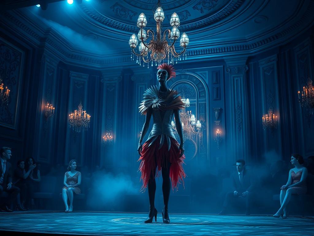 A high-resolution photo depicting a surreal show in New York City's elite scene. The composition features a single performer in a striking costume, standing on an ornate stage with dramatic lighting. The background includes an audience captivated by the performance, with a blend of rich blues and soft grays in the decor. The atmosphere is vibrant yet dreamlike, capturing the essence of a unique and artistic event.
