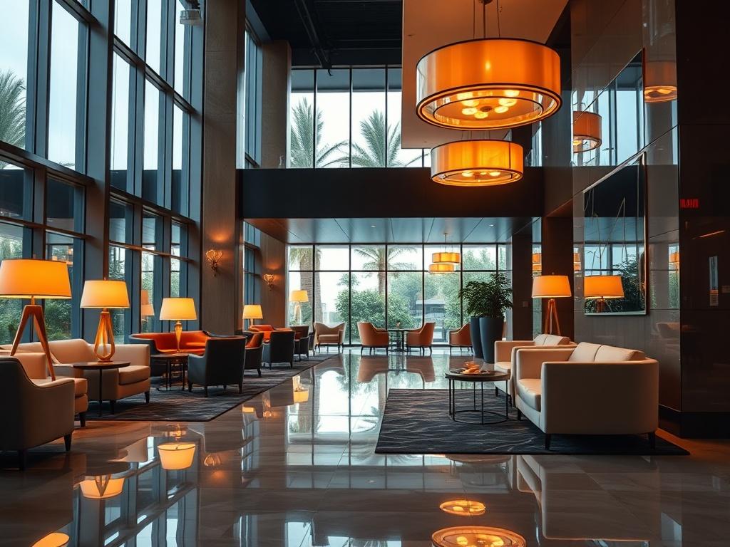 A high-resolution image showcasing a vibrant, modern hotel lobby with sleek, ultra-shiny surfaces and luminous highlights. The composition should focus on a stylish seating area with plush furniture, elegant lighting fixtures, and a welcoming atmosphere. The background should feature large windows allowing natural light to illuminate the space, creating a warm and inviting ambiance.