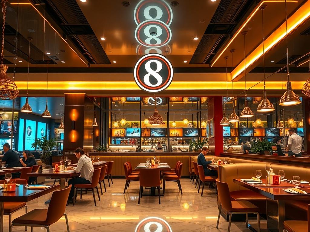 Create a realistic high-resolution photo of a modern restaurant interior showcasing a stylish branding overhaul with elegant decor and a vibrant atmosphere. The setting should include a beautifully arranged dining area with glowing lights, inviting tables, and a focus on the restaurant's logo displayed prominently. The image should reflect a lively dining experience with customers enjoying their meals.