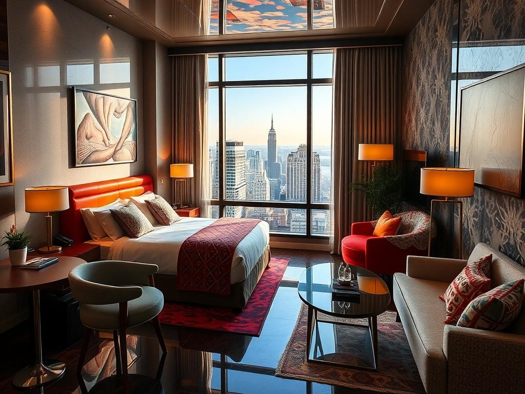 Create a realistic high-resolution photo of a boutique hotel room featuring unique design elements and cozy decor. The setting should include artistic touches, vibrant colors, and inviting furniture, capturing the essence of a personalized hospitality experience. Highlight a window view showcasing a scenic cityscape.