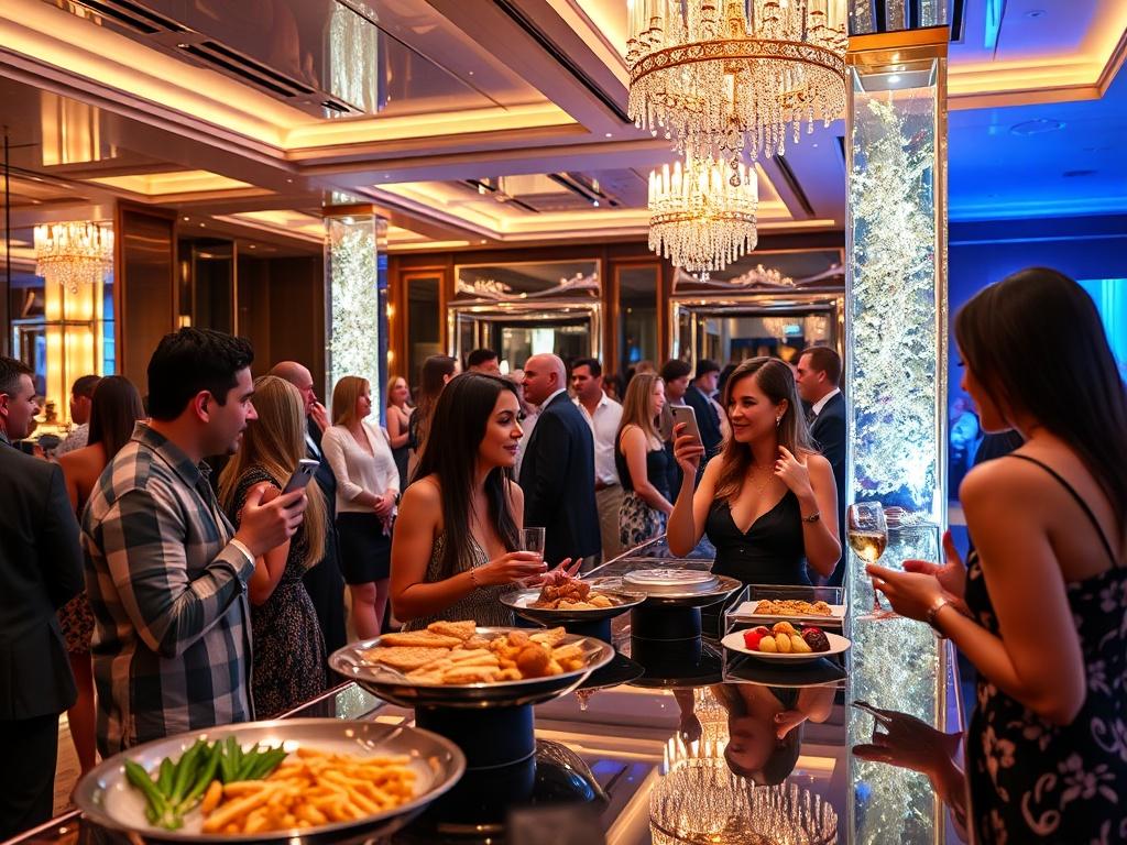 Generate a high-resolution photo capturing an upscale hospitality event with influencers mingling, enjoying gourmet catering, and taking photos. The setting should reflect luxury, with elegant decor, ambient lighting, and a stylish bar area. Show influencers interacting with each other and the venue, highlighting the vibrant atmosphere.